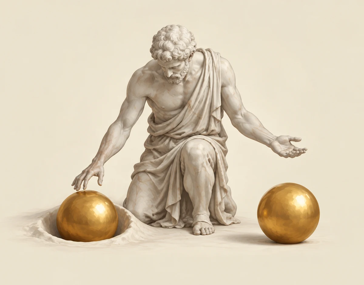 A gold sphere resting in the deep worn groove beside a freshly cut one